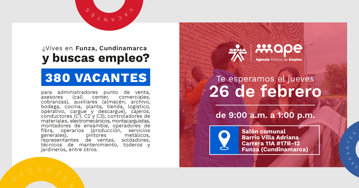 Este jueves 26 de febrero, 380 oportunidades de trabajo para Funza, Mosquera y municipios aledaños a través del SENA.